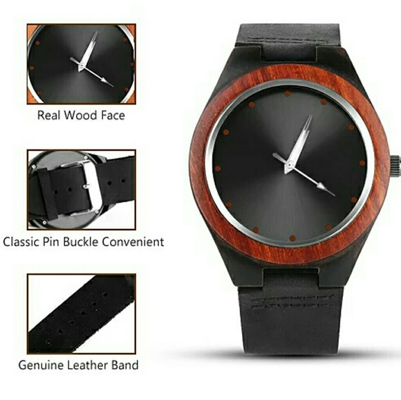 NEW MEN'S GENUINE BAMBOO WATCH W/LEATHER BAND - Picture 3 of 7